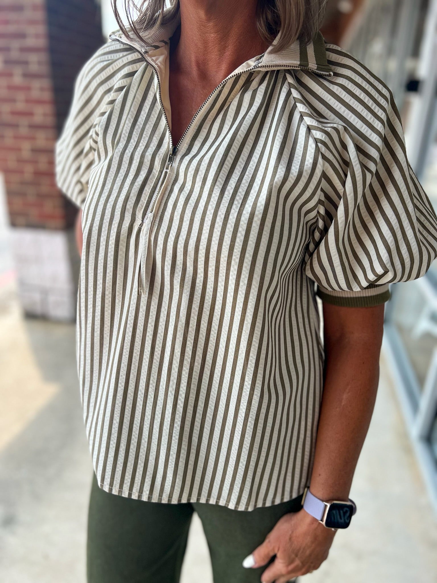 Make You See Olive Striped Top with Short Puff Sleeves (R) - A'Bekah's Boutique