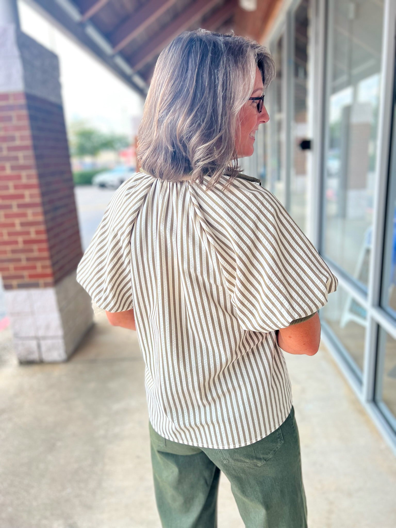 Make You See Olive Striped Top with Short Puff Sleeves (R) - A'Bekah's Boutique