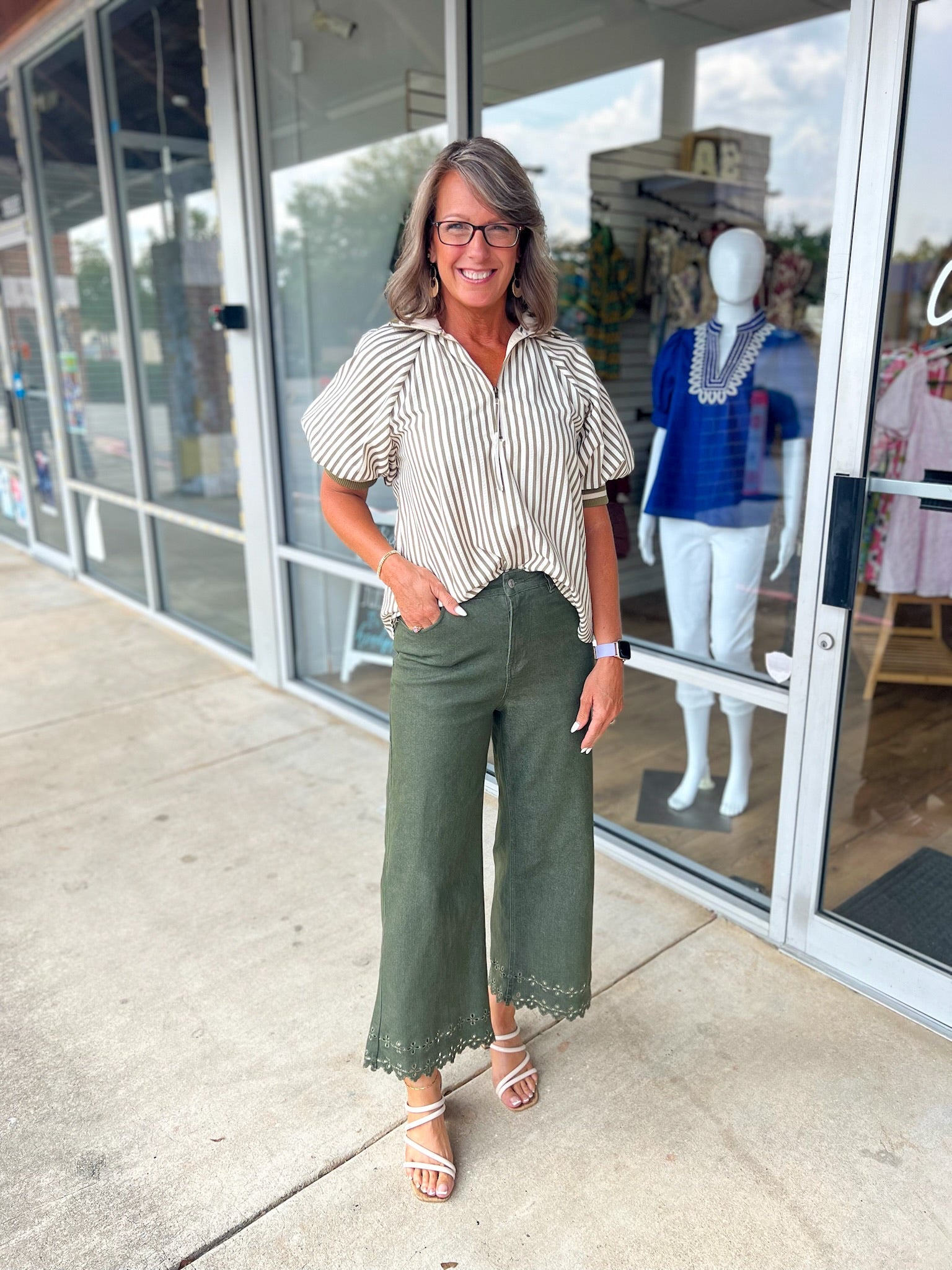 Make You See Olive Striped Top with Short Puff Sleeves (R) - A'Bekah's Boutique
