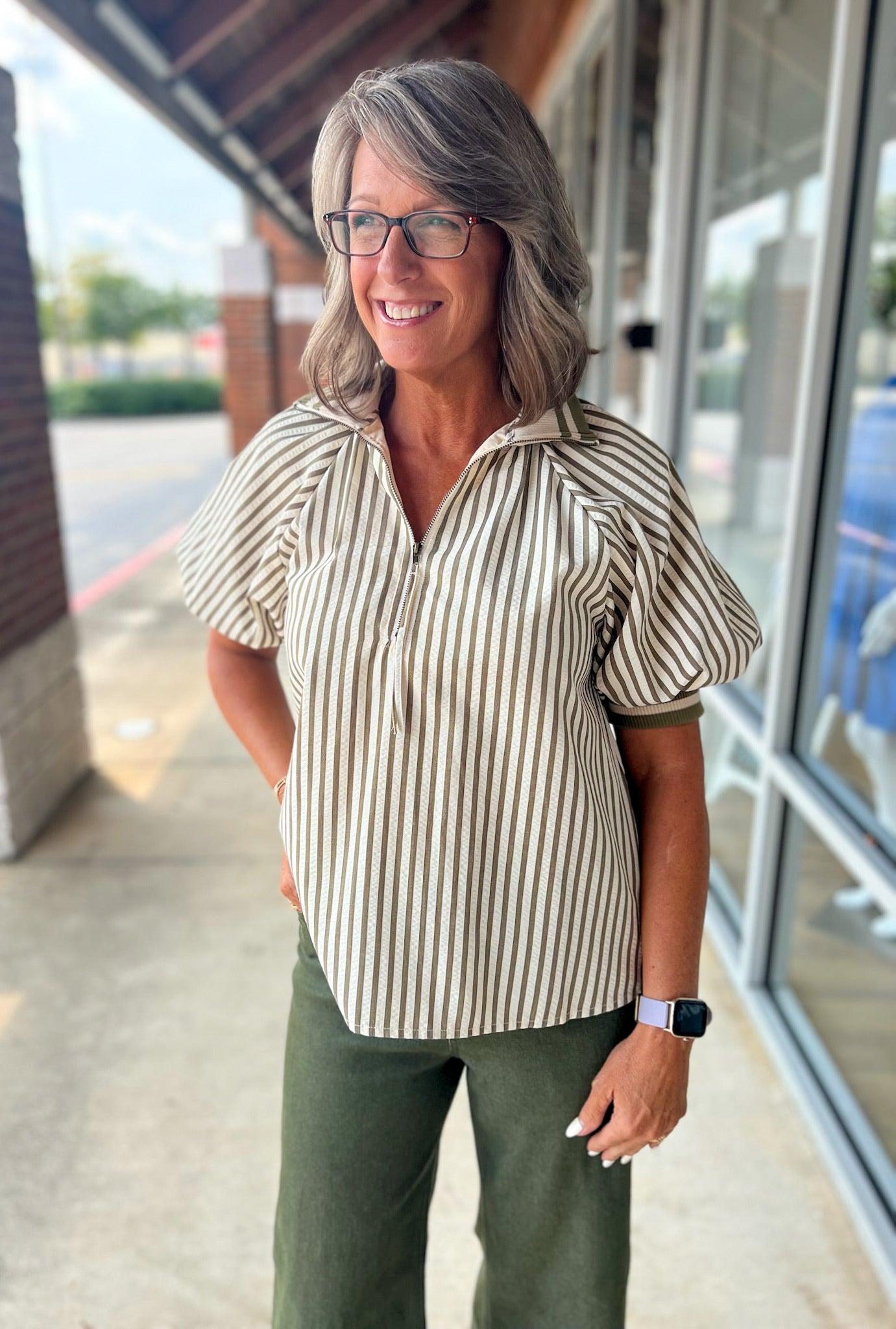 Make You See Olive Striped Top with Short Puff Sleeves (R) - A'Bekah's Boutique
