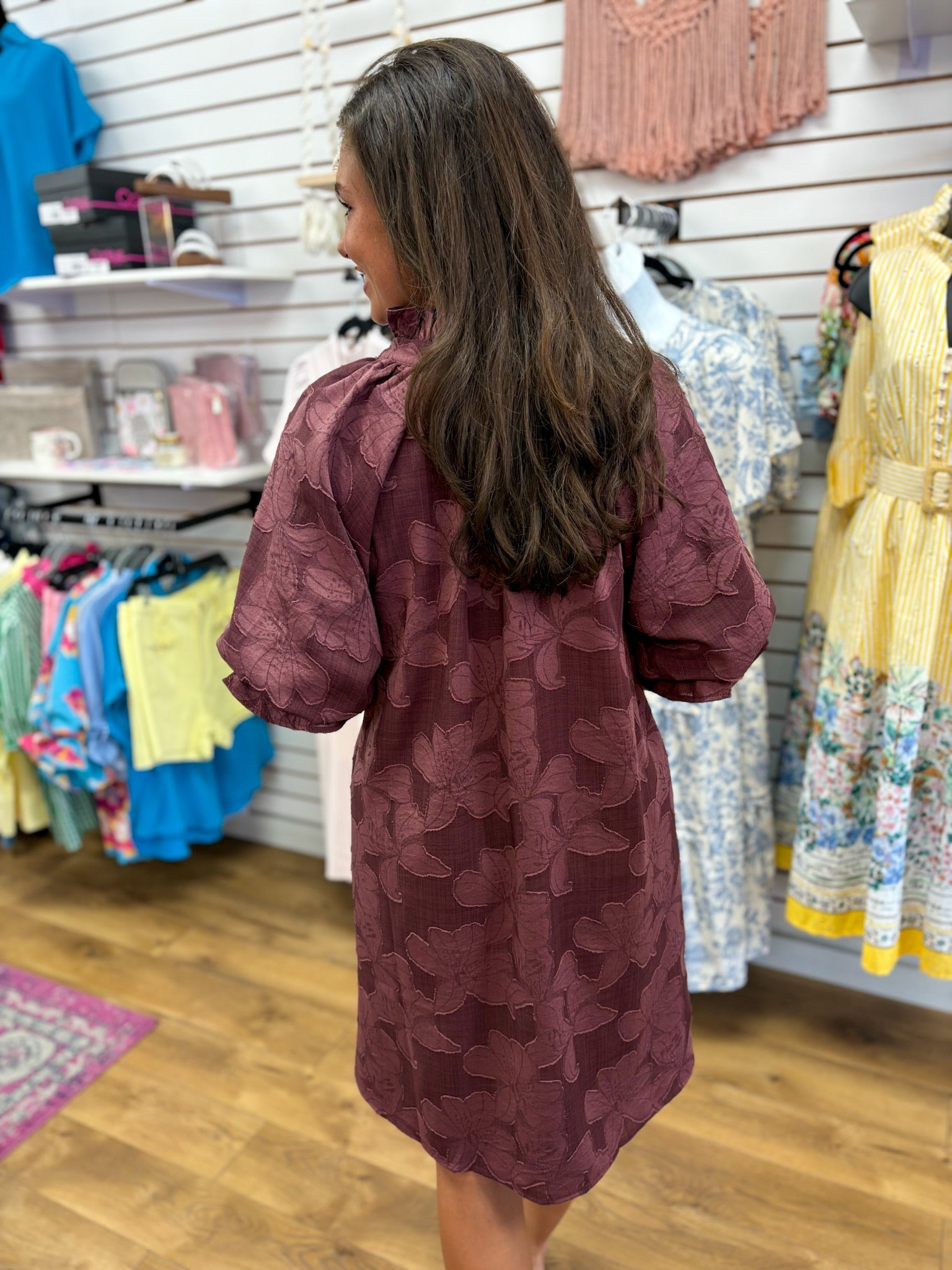 Maroon Jacquard Tonal V-Neck Dress with Elbow Length Sleeves - A'Bekah's Boutique