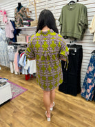 Martini Olive Green Printed Dress with Short Puff Sleeves - A'Bekah's Boutique