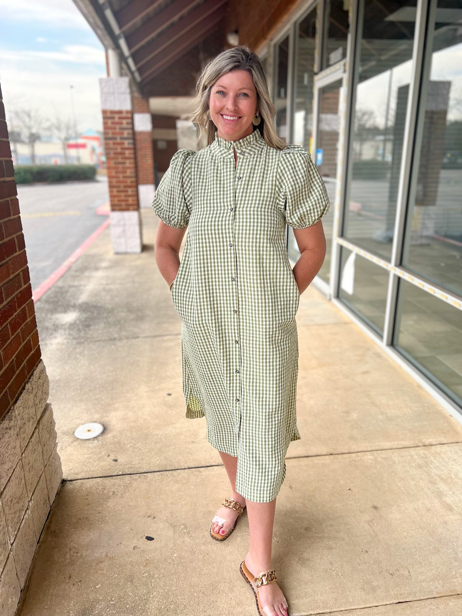 Matcha Green Checkered Button Up Midi Dress with Pockets - A'Bekah's Boutique