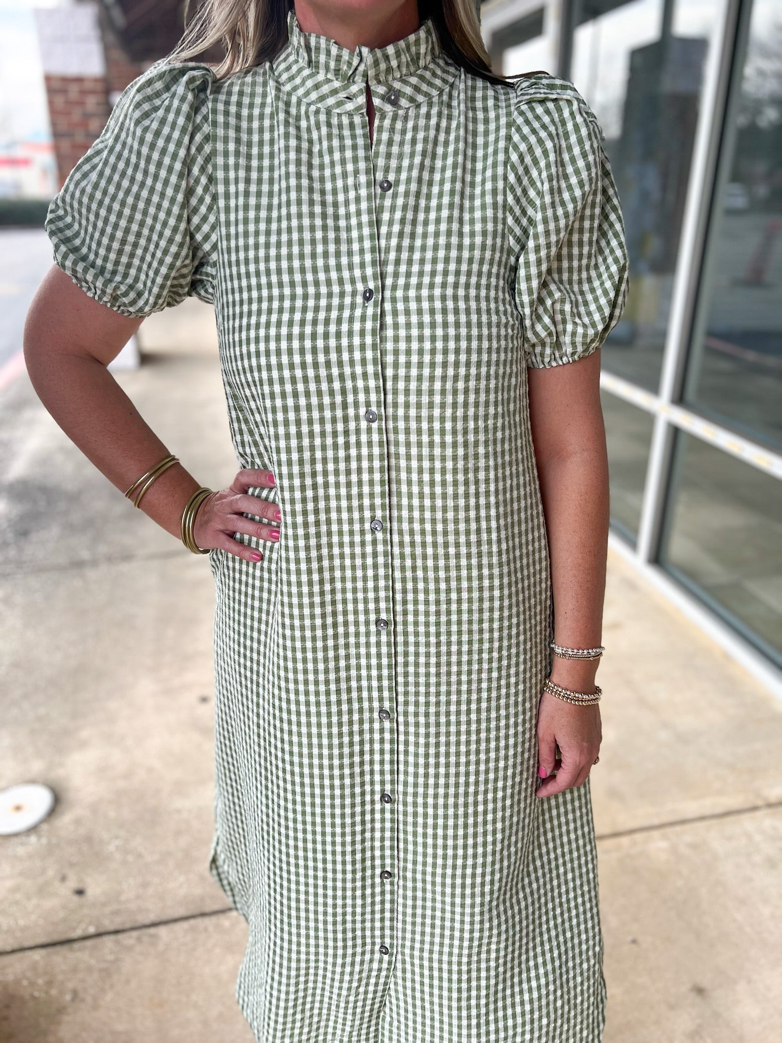 Matcha Green Checkered Button Up Midi Dress with Pockets - A'Bekah's Boutique