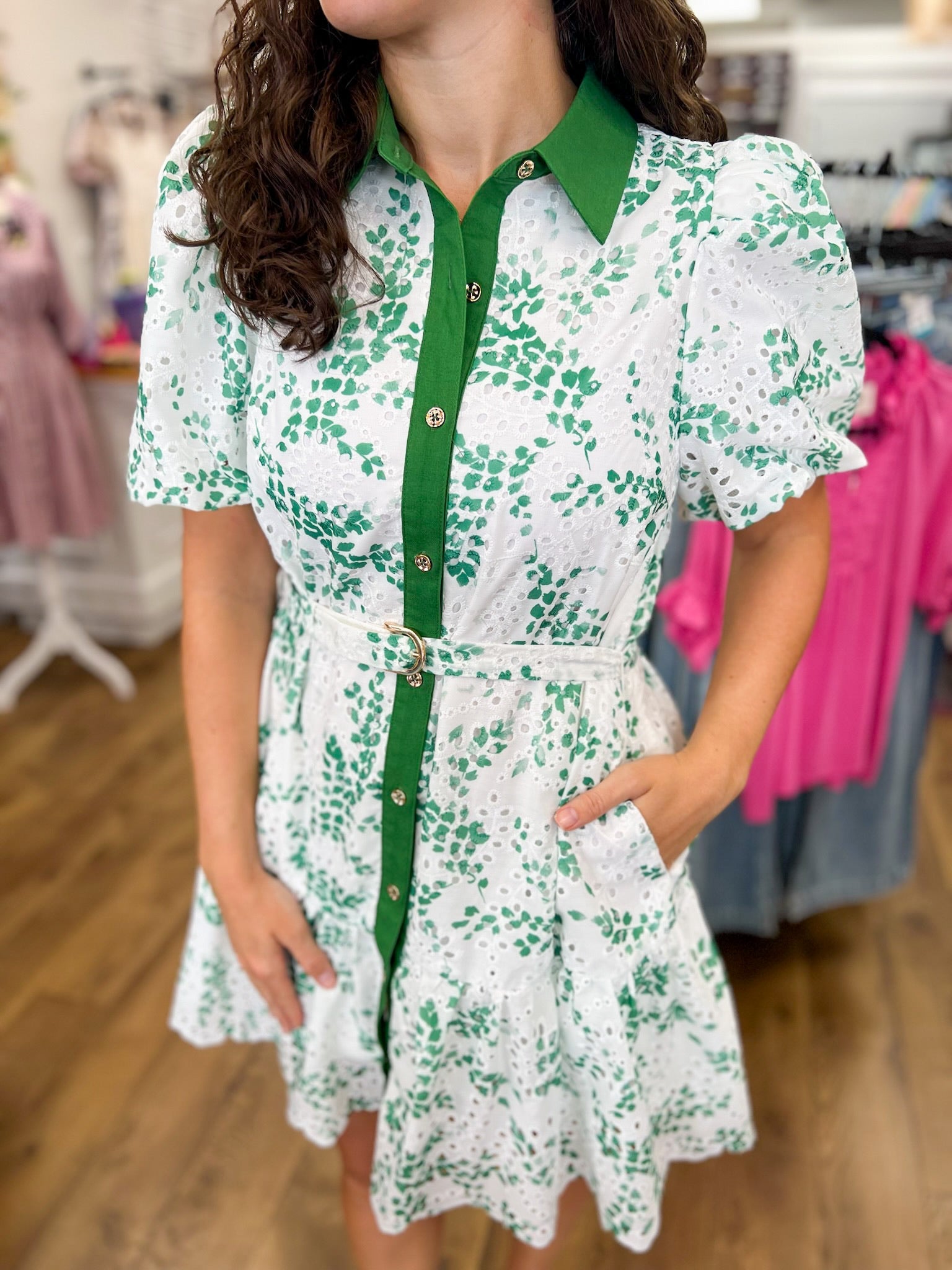 Matcha Green Floral Eyelet Dress with Removable Belt - A'Bekah's Boutique