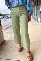 Matcha Green Wide Leg Ankle Pants with Scalloped Eyelet Hem - A'Bekah's Boutique