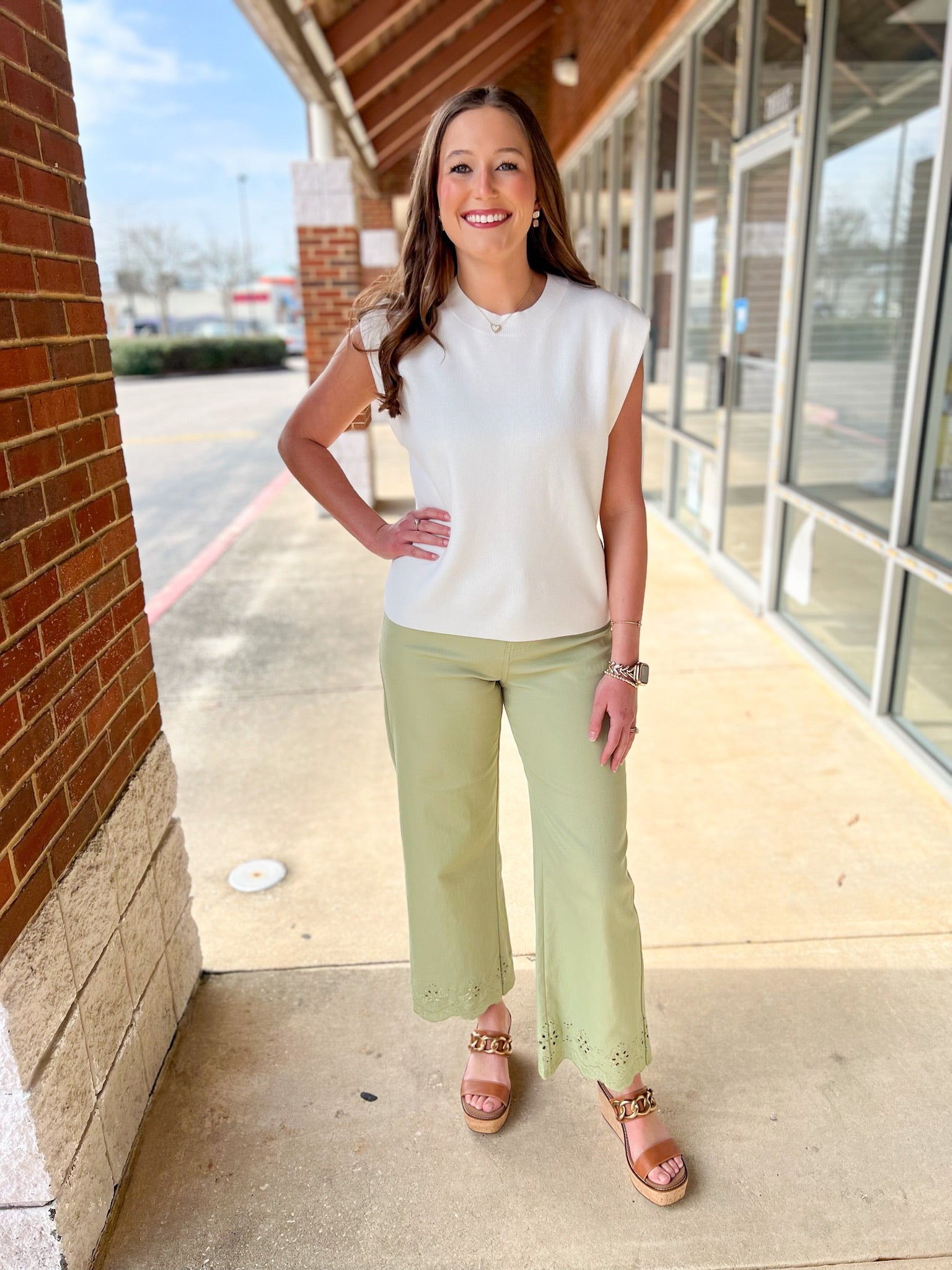 Matcha Green Wide Leg Ankle Pants with Scalloped Eyelet Hem - A'Bekah's Boutique