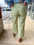 Matcha Green Wide Leg Ankle Pants with Scalloped Eyelet Hem - A'Bekah's Boutique