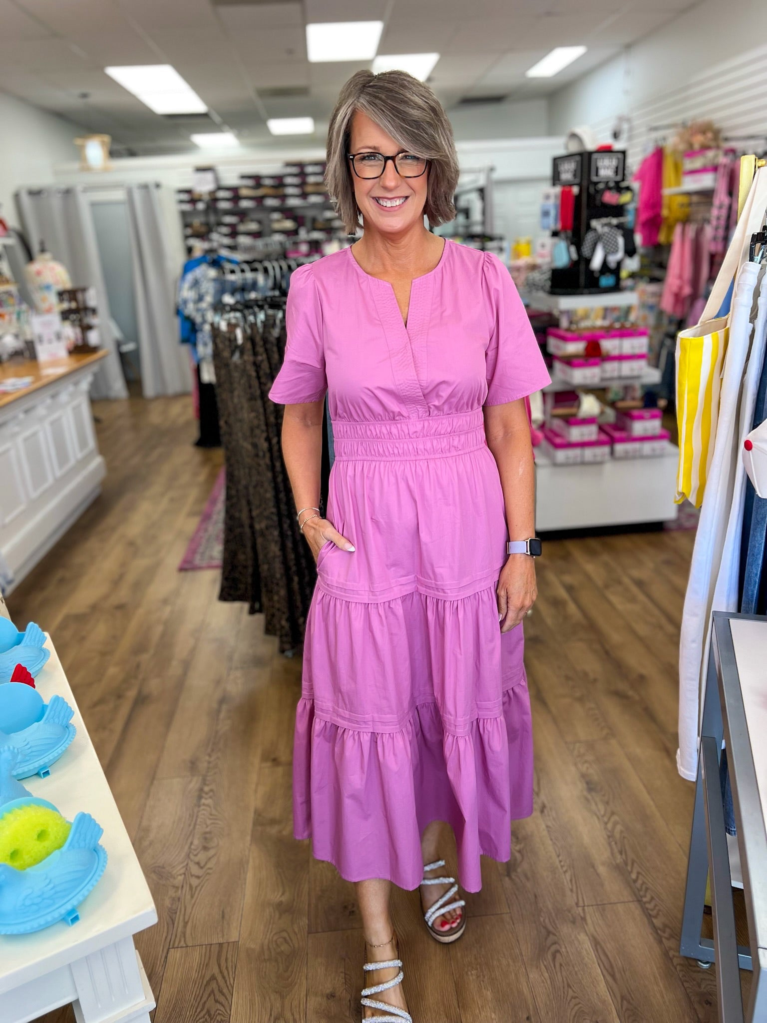 Mauve Pink Tiered V-Neck Midi Dress with Pockets - A'Bekah's Boutique