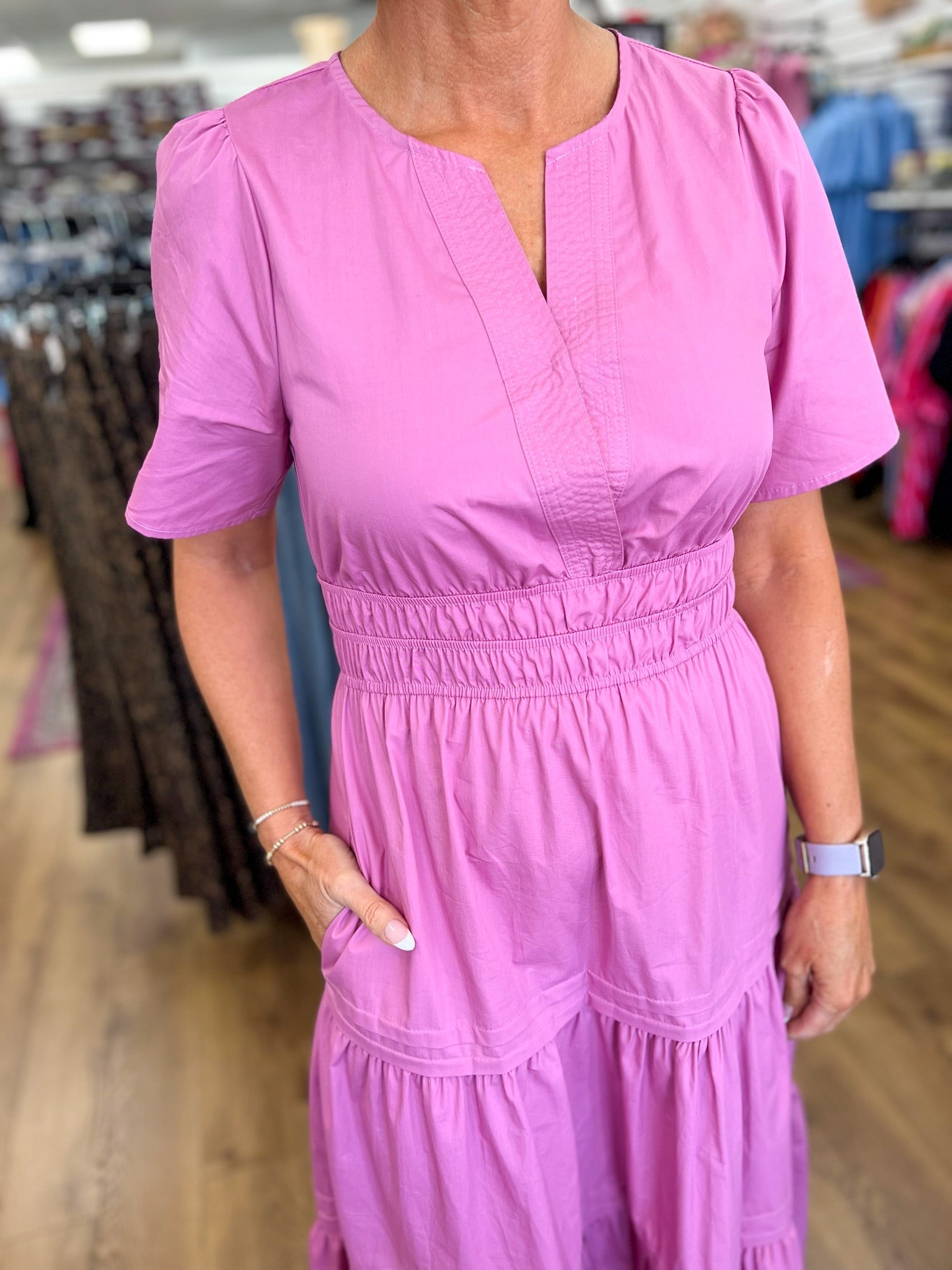 Mauve Pink Tiered V-Neck Midi Dress with Pockets - A'Bekah's Boutique