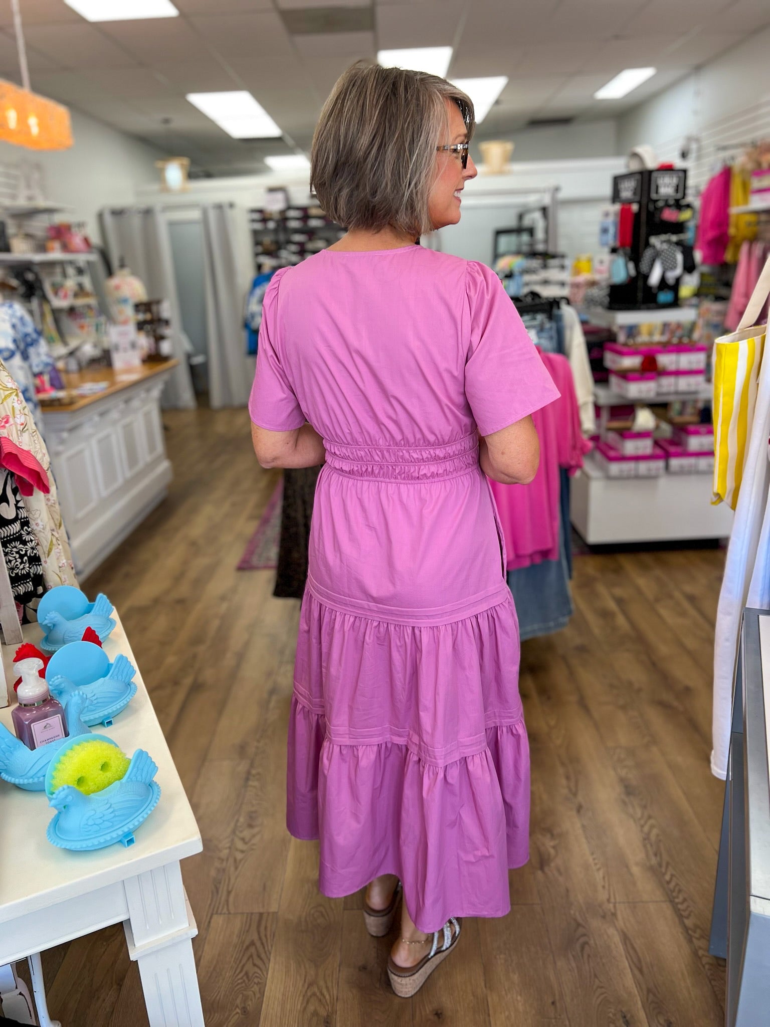 Mauve Pink Tiered V-Neck Midi Dress with Pockets - A'Bekah's Boutique