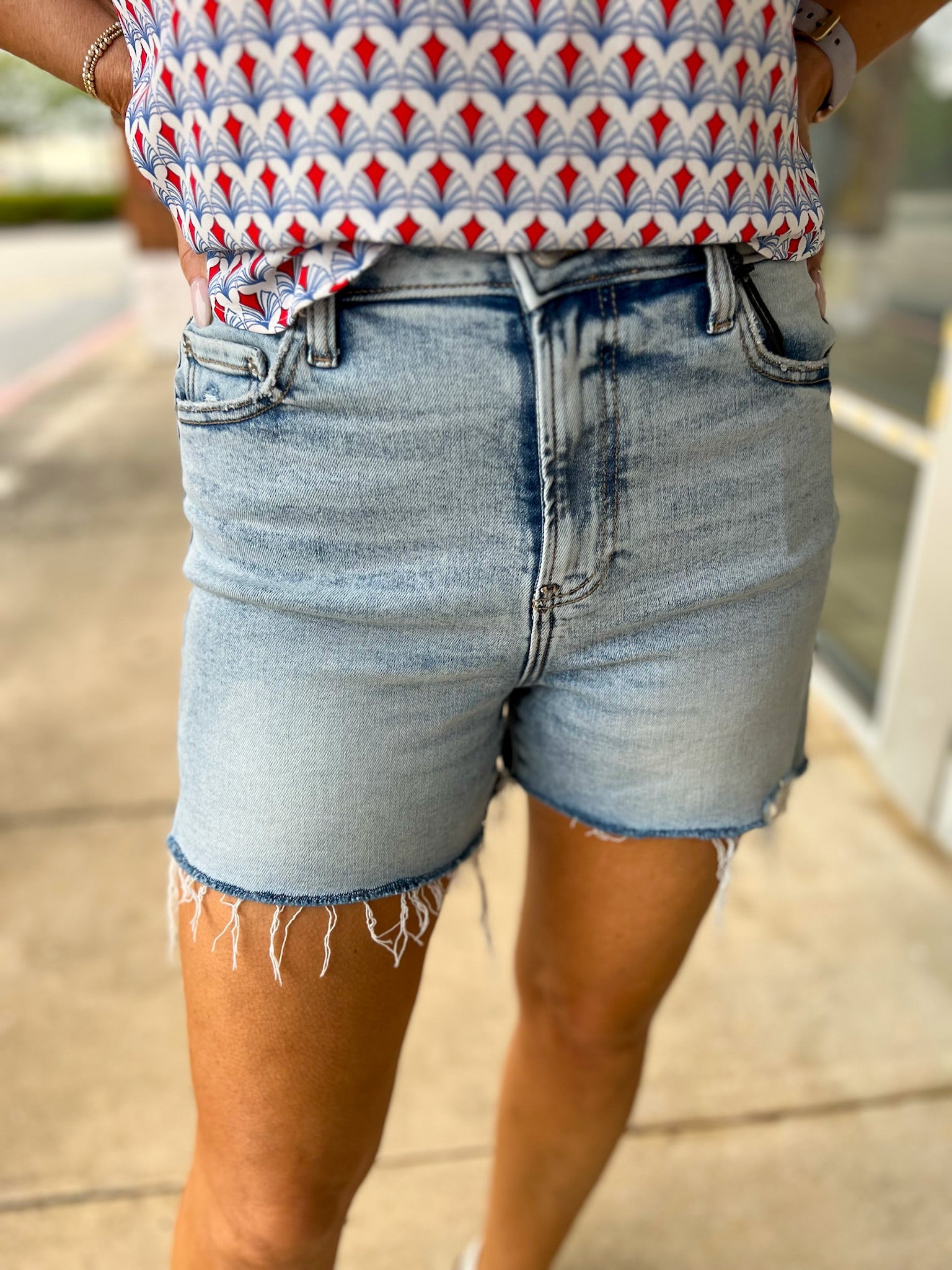 Medium Denim Mid Rise Distressed Hem Shorts 3.87" Inseam - A'Bekah's Boutique