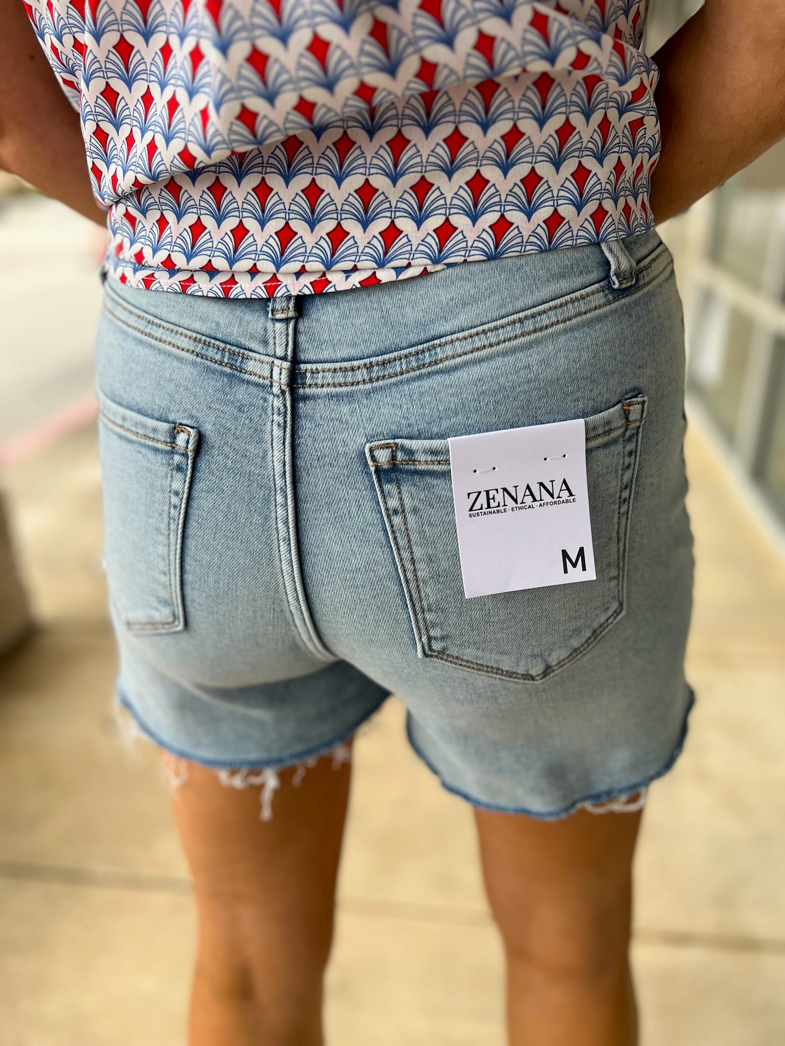 Medium Denim Mid Rise Distressed Hem Shorts 3.87" Inseam - A'Bekah's Boutique