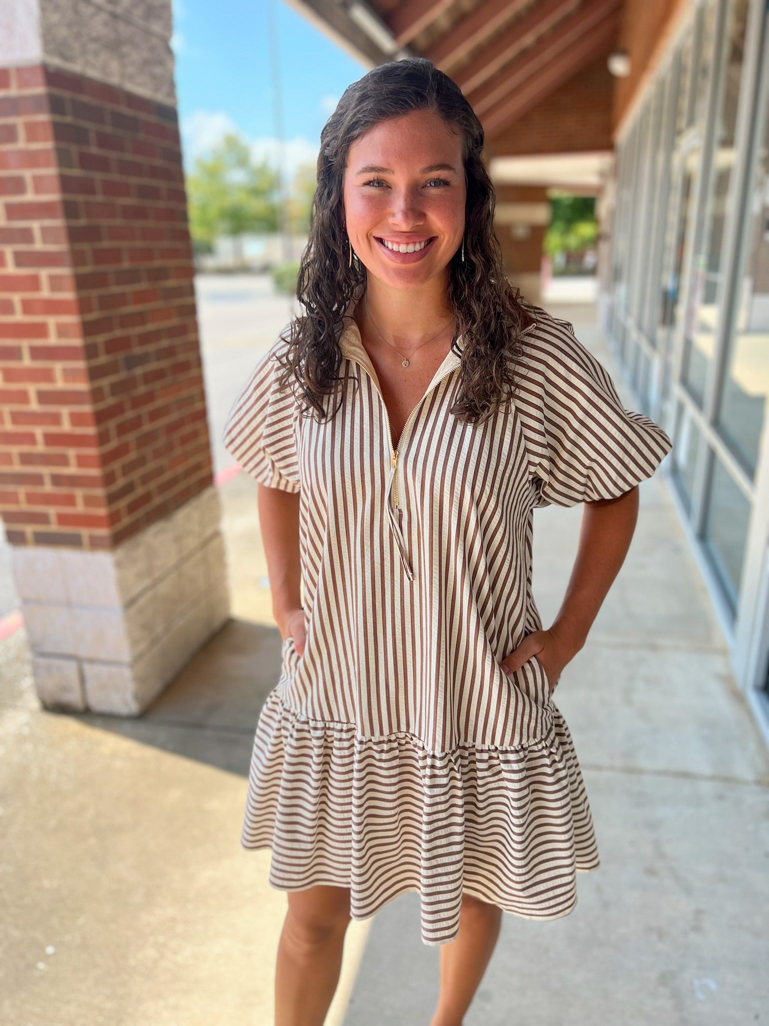 Caramel and white striped, drop waist dress with puff sleeves, pockets, zip front, accent trim on collar and sleeves - A'Bekah's Boutique