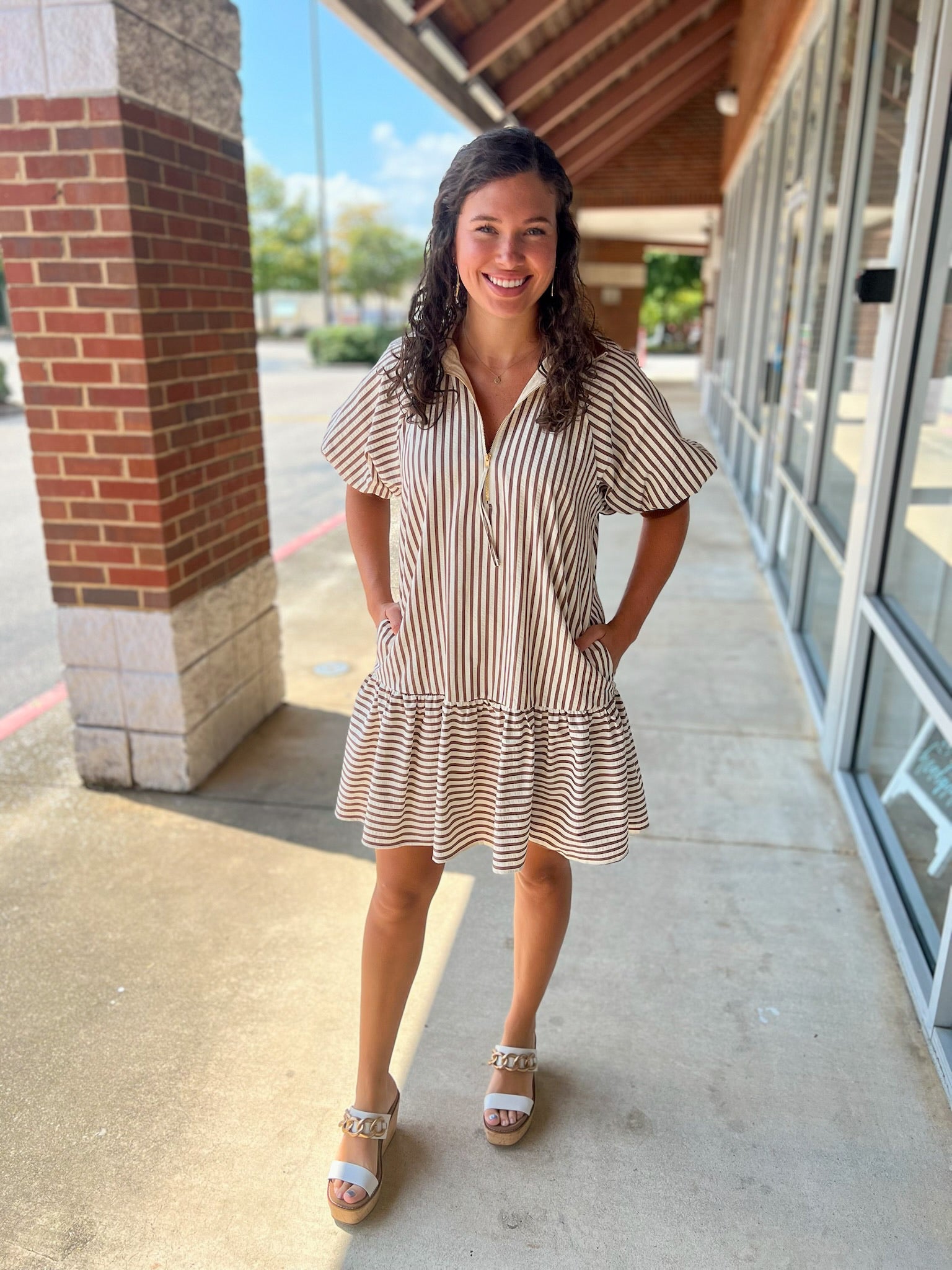 Meet Me Caramel Striped Drop Waist Dress with Accent Band Trim - A'Bekah's Boutique