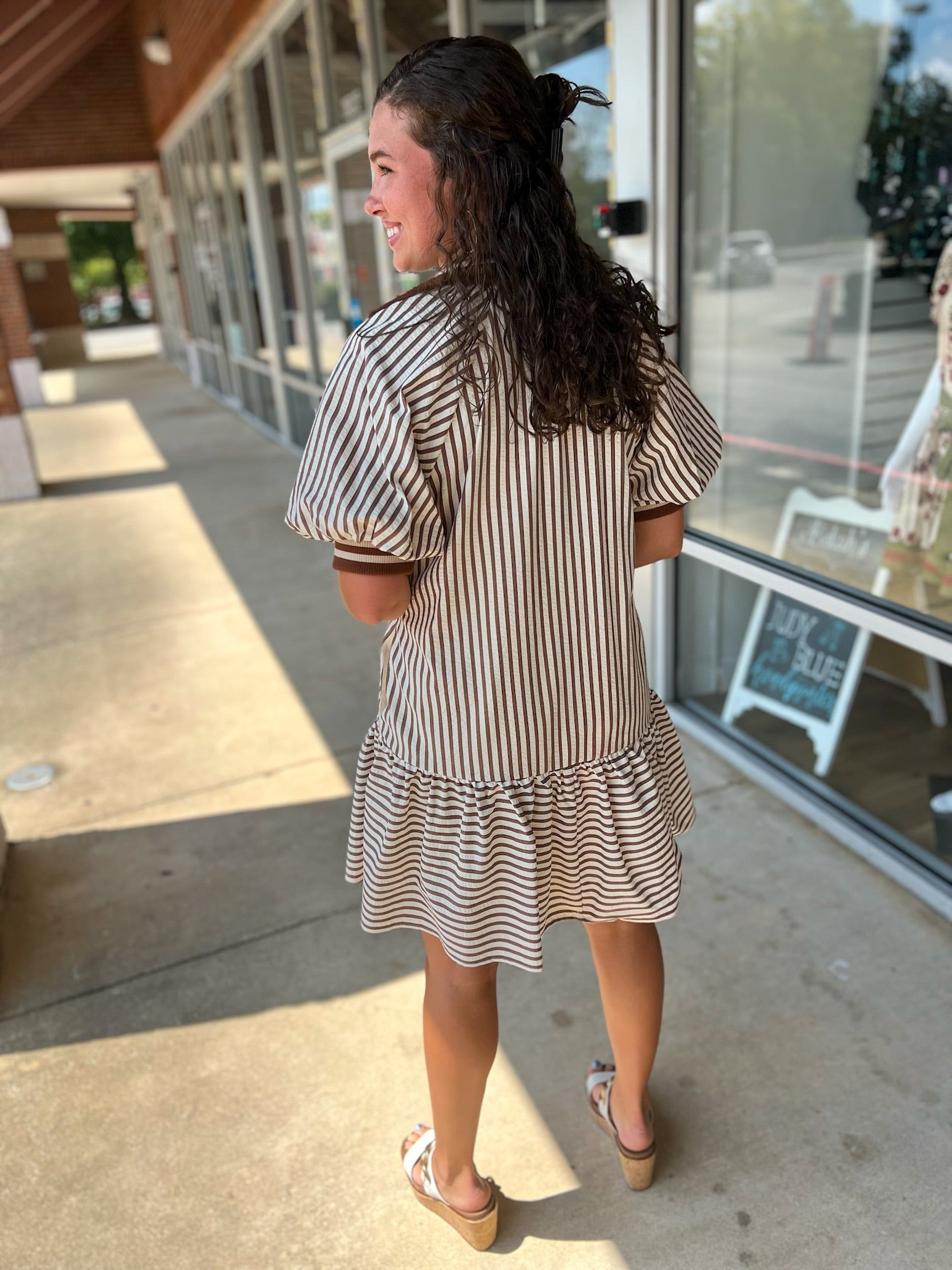 Meet Me Caramel Striped Drop Waist Dress with Accent Band Trim - A'Bekah's Boutique