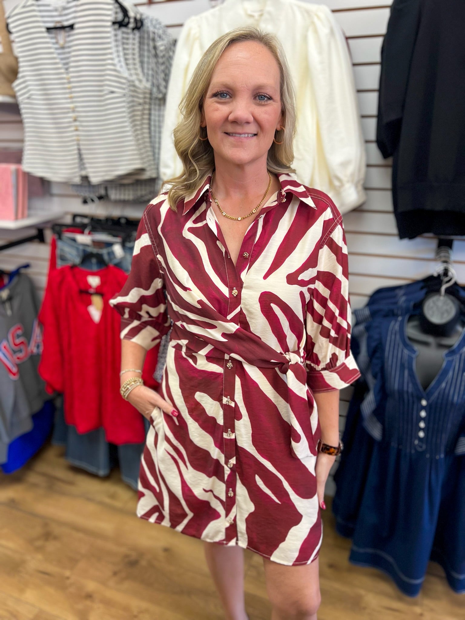 Merlot Abstract Print Dress with Self-Tie Waist - A'Bekah's Boutique