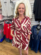 Merlot Abstract Print Dress with Self-Tie Waist - A'Bekah's Boutique