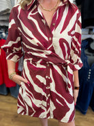 Merlot Abstract Print Dress with Self-Tie Waist - A'Bekah's Boutique
