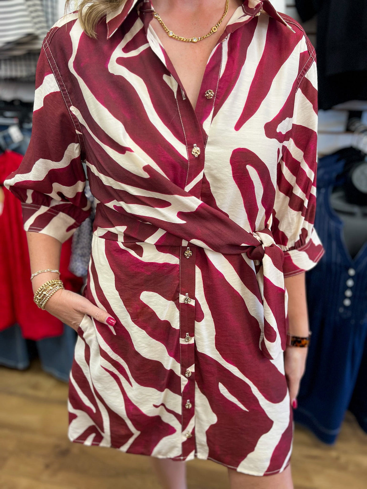 Merlot Abstract Print Dress with Self-Tie Waist - A'Bekah's Boutique