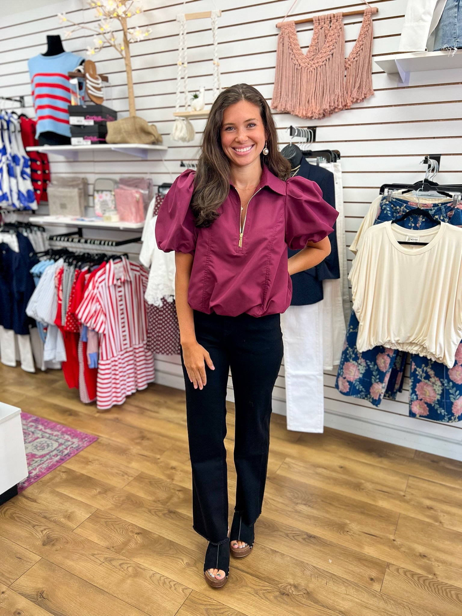 Merlot Half Zip Top with Short Puff Sleeves and Bubble Hem - A'Bekah's Boutique