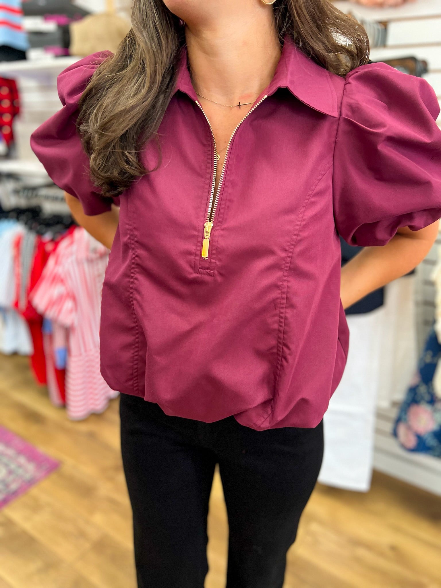 Merlot Half Zip Top with Short Puff Sleeves and Bubble Hem - A'Bekah's Boutique