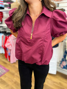 Merlot Half Zip Top with Short Puff Sleeves and Bubble Hem - A'Bekah's Boutique