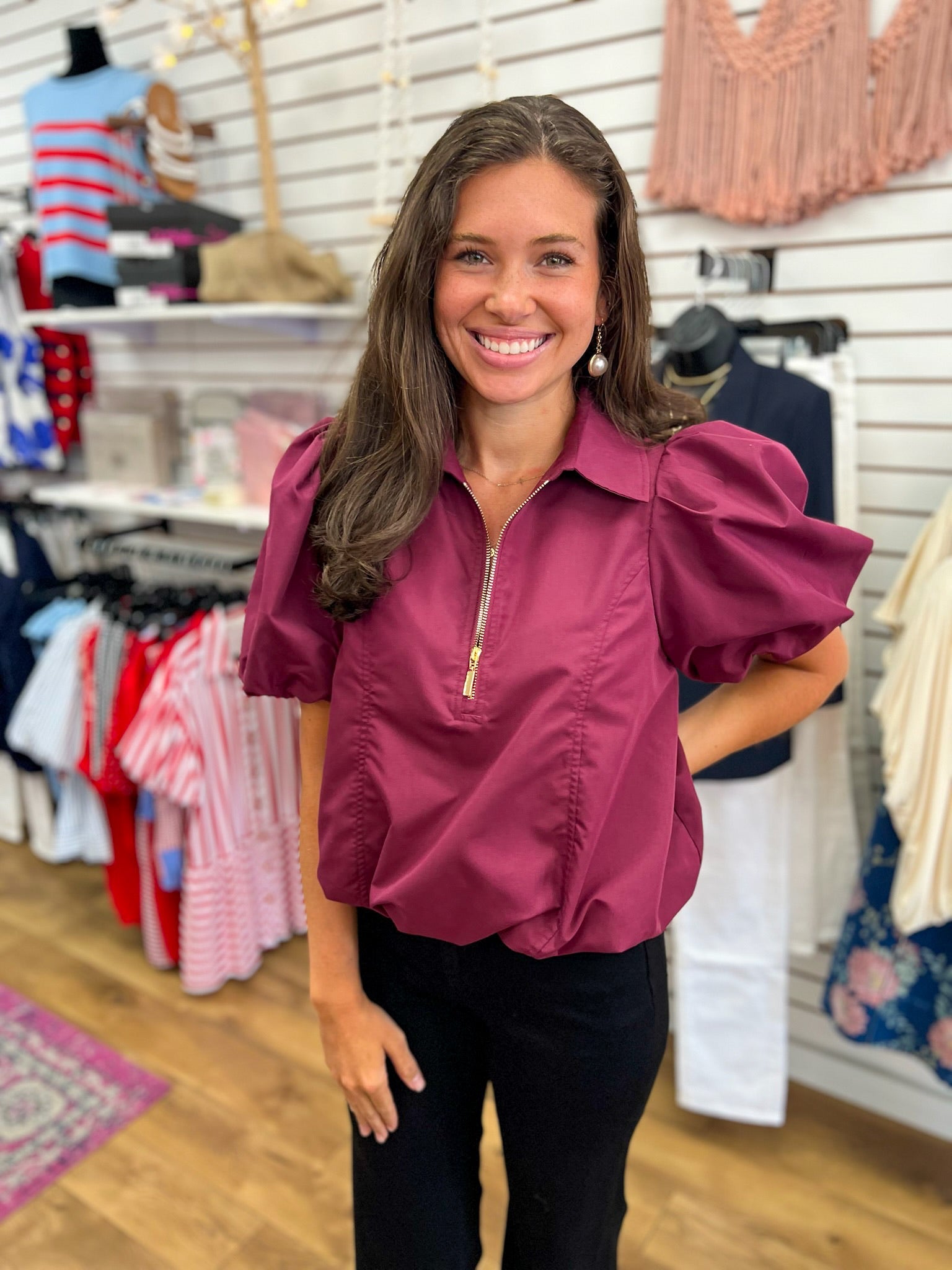 Merlot Half Zip Top with Short Puff Sleeves and Bubble Hem - A'Bekah's Boutique