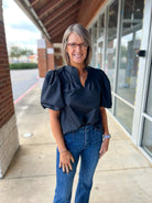 Mine Always Black V - Neck Bubble Sleeve Top - A'Bekah's Boutique
