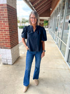 Mine Always Black V - Neck Bubble Sleeve Top - A'Bekah's Boutique
