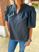 Mine Always Black V - Neck Bubble Sleeve Top - A'Bekah's Boutique