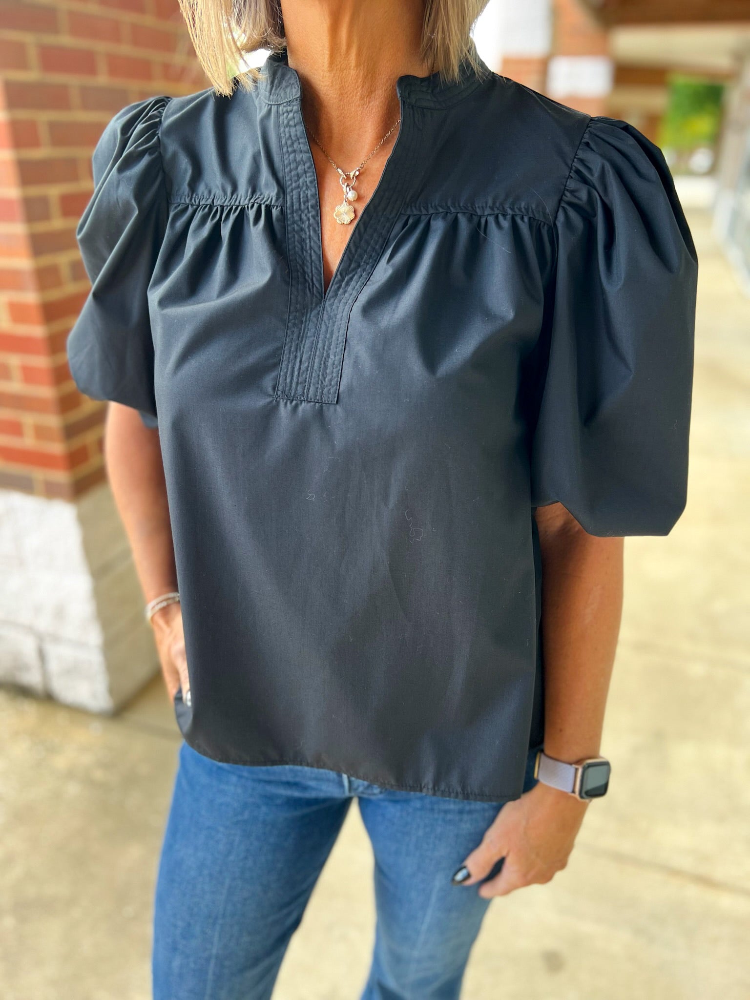 Mine Always Black V - Neck Bubble Sleeve Top - A'Bekah's Boutique