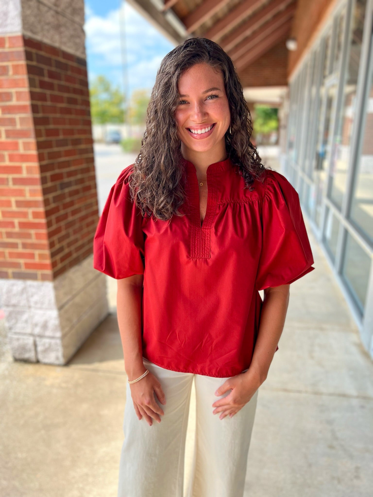 Mine Always Brick V - Neck Bubble Sleeve Top - A'Bekah's Boutique