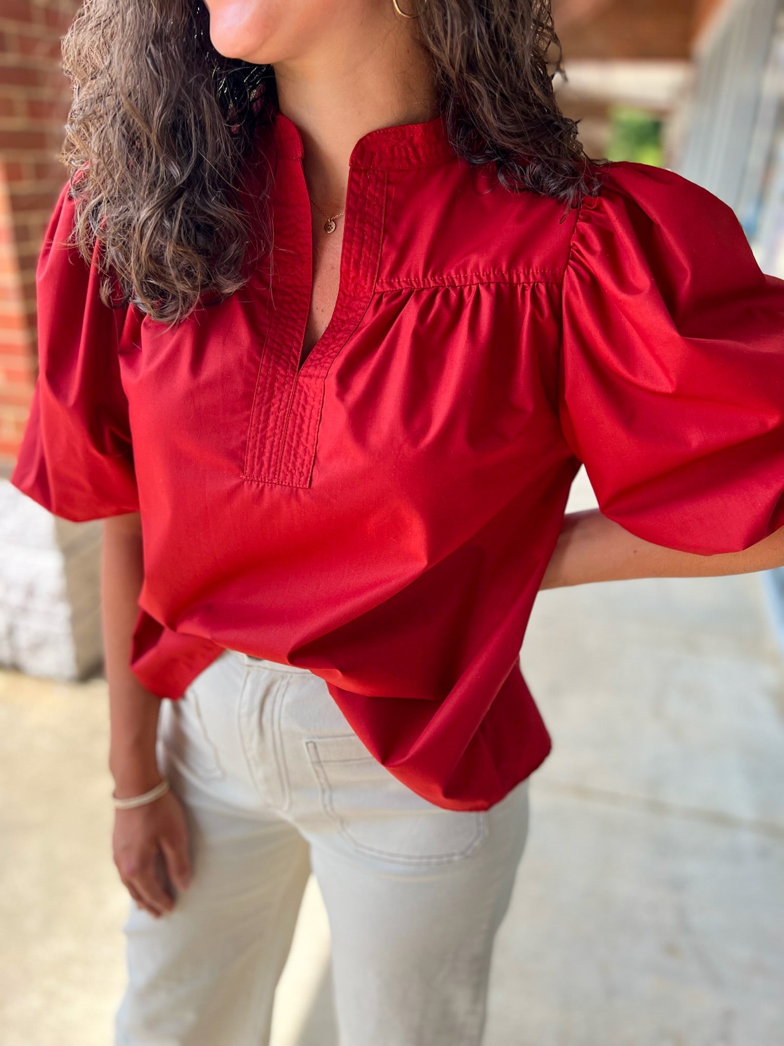 Mine Always Brick V - Neck Bubble Sleeve Top - A'Bekah's Boutique