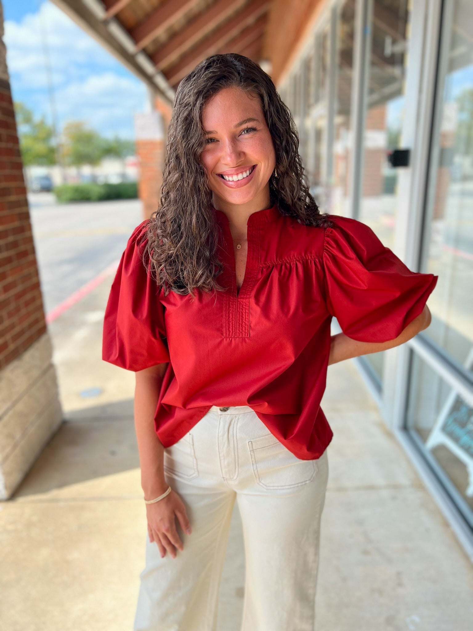 Mine Always Brick V - Neck Bubble Sleeve Top - A'Bekah's Boutique