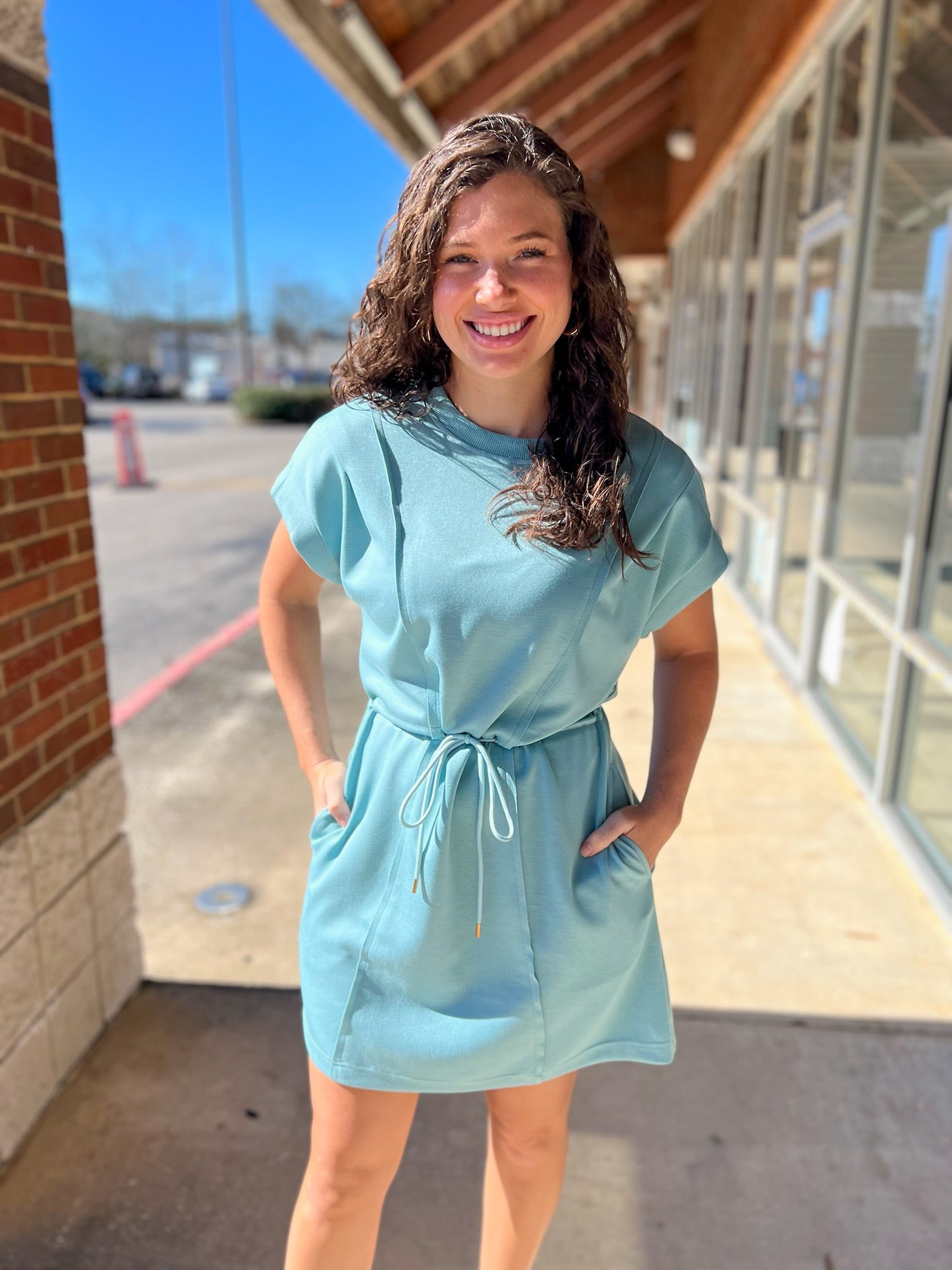 Mint Blue Luxe Knit Dress with Drawstring Waist - A'Bekah's Boutique