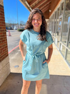 Mint Blue Luxe Knit Dress with Drawstring Waist - A'Bekah's Boutique