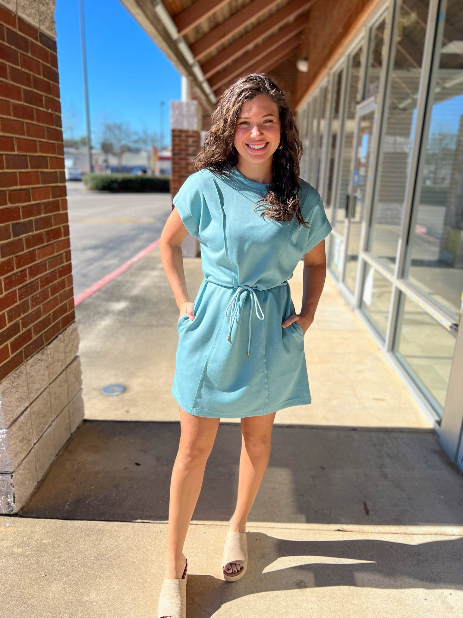 Mint Blue Luxe Knit Dress with Drawstring Waist - A'Bekah's Boutique