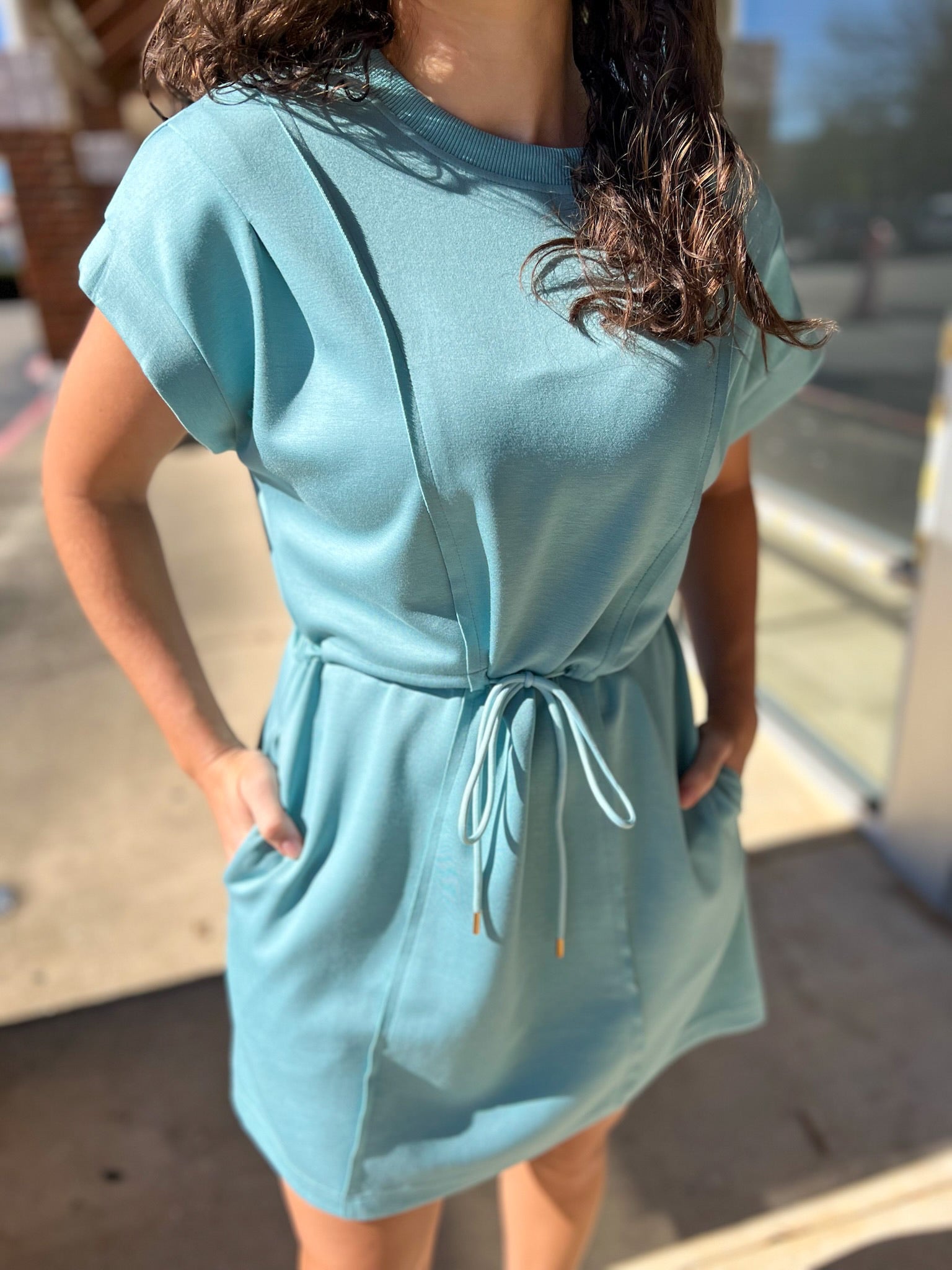 Mint Blue Luxe Knit Dress with Drawstring Waist - A'Bekah's Boutique