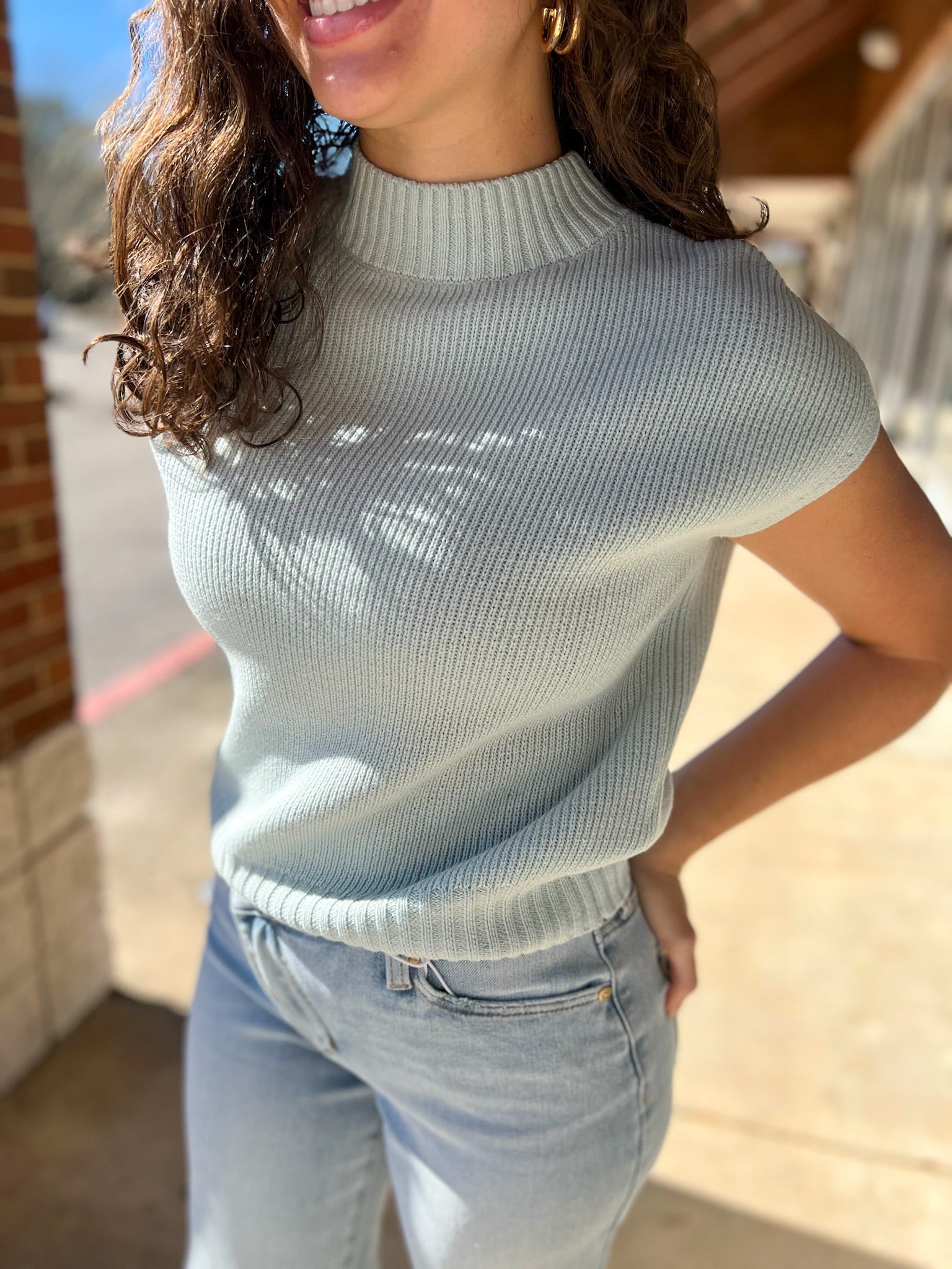 Mint Blue Short Sleeve Mock Neck Sweater - A'Bekah's Boutique
