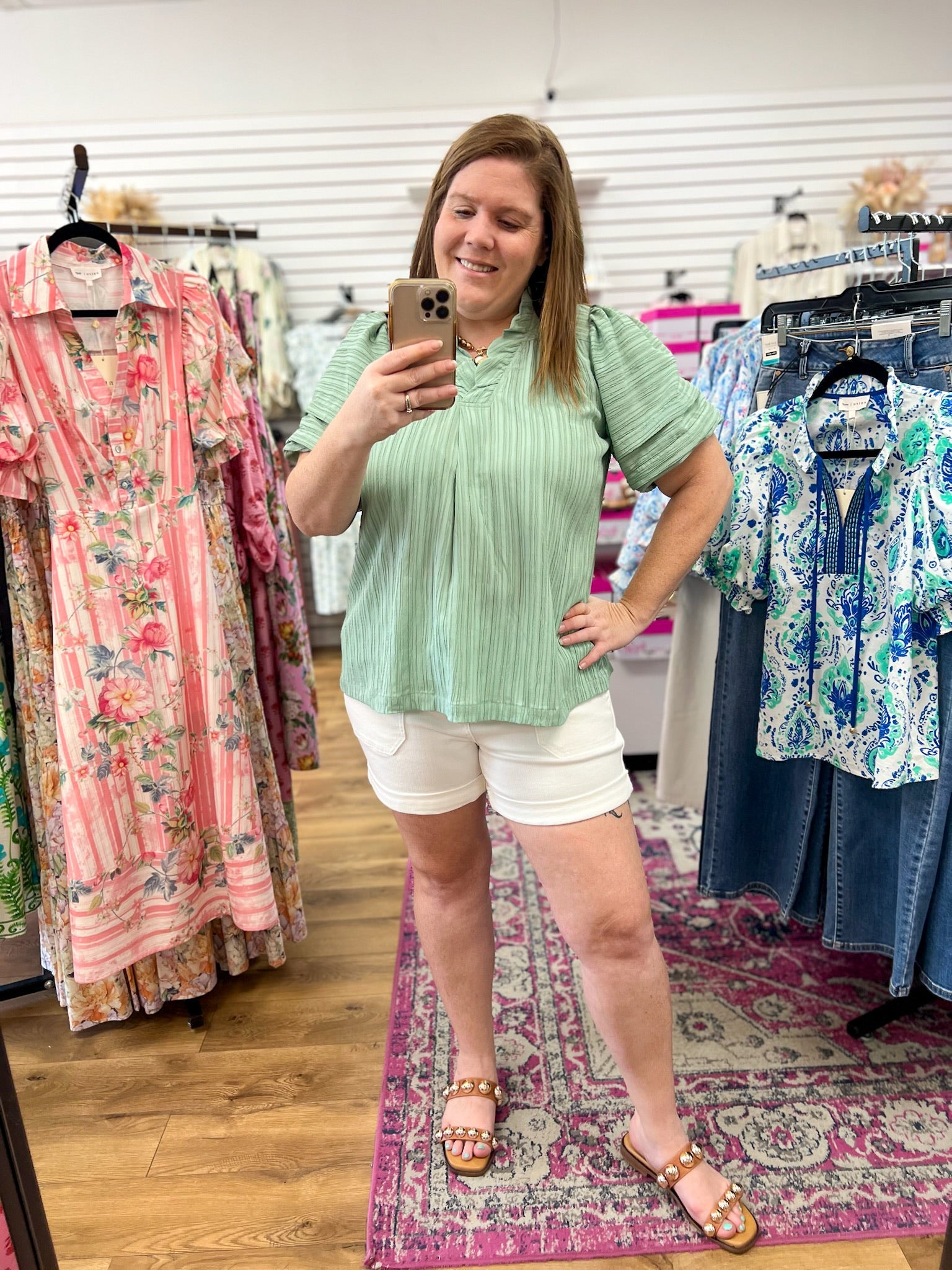 Mint Green Seersucker Top with Short Puff Sleeves - A'Bekah's Boutique