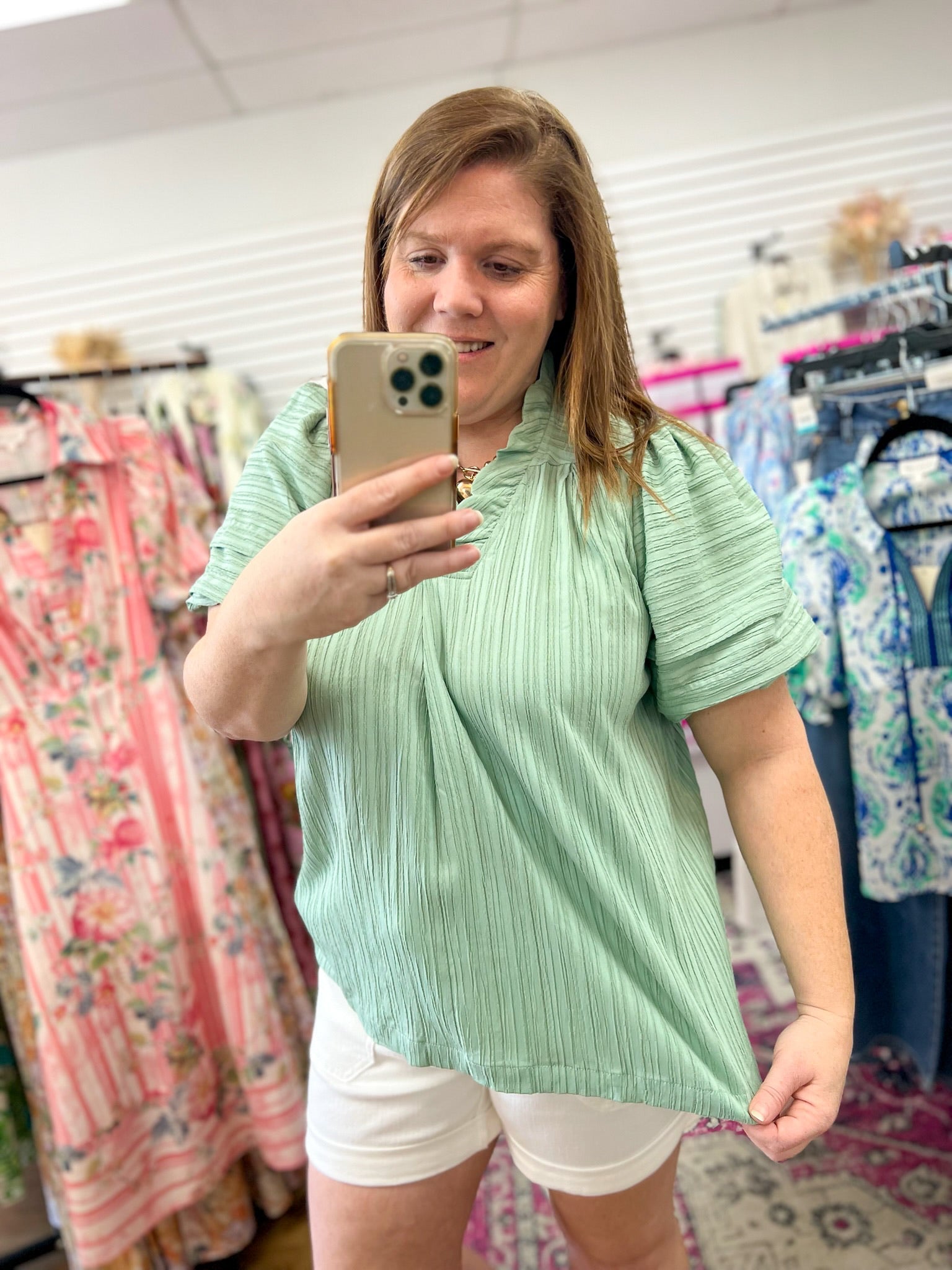 Mint Green Seersucker Top with Short Puff Sleeves - A'Bekah's Boutique