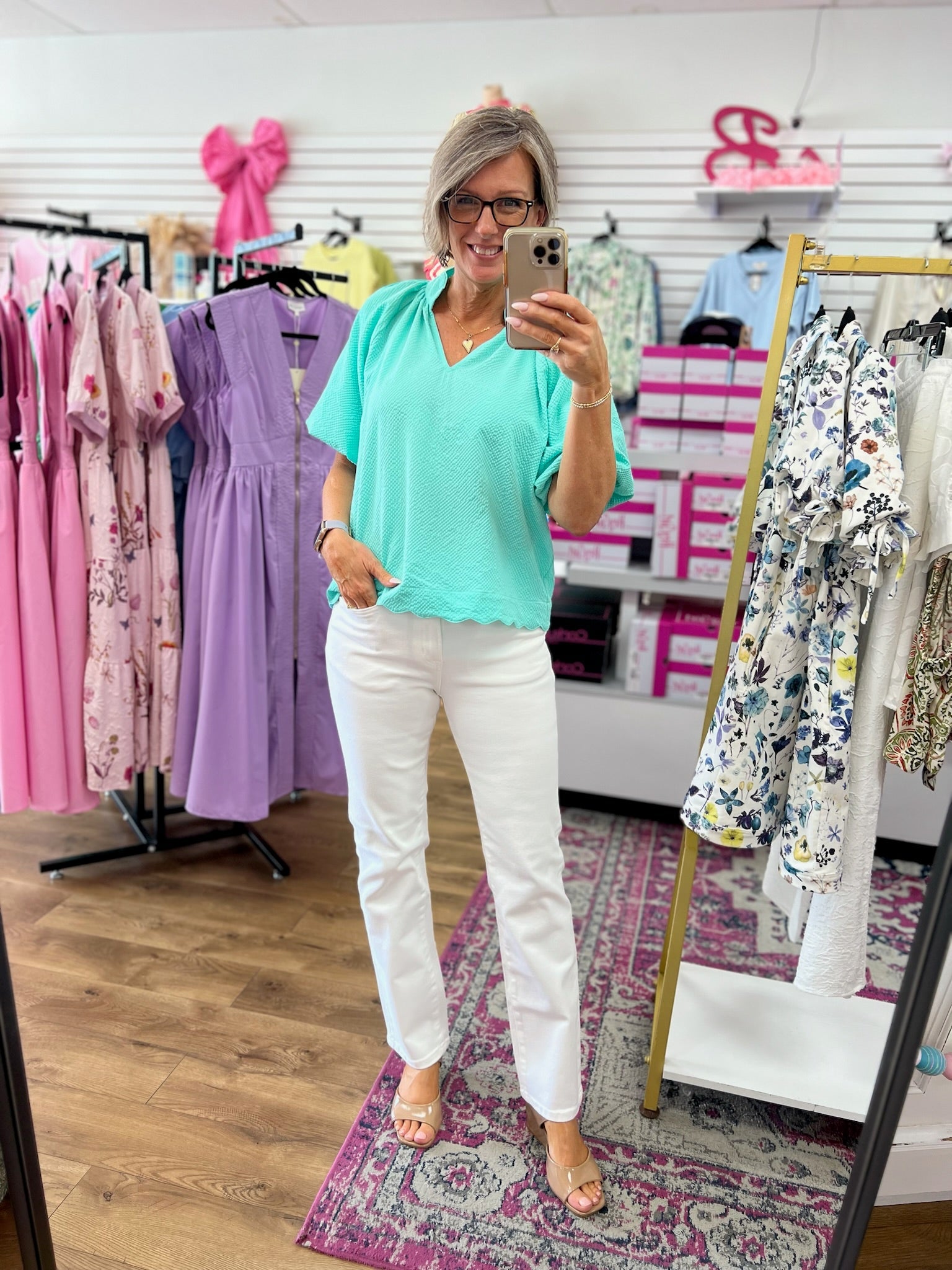 Mint Seersucker Top with Bubble Sleeves and Scalloped Hem - A'Bekah's Boutique