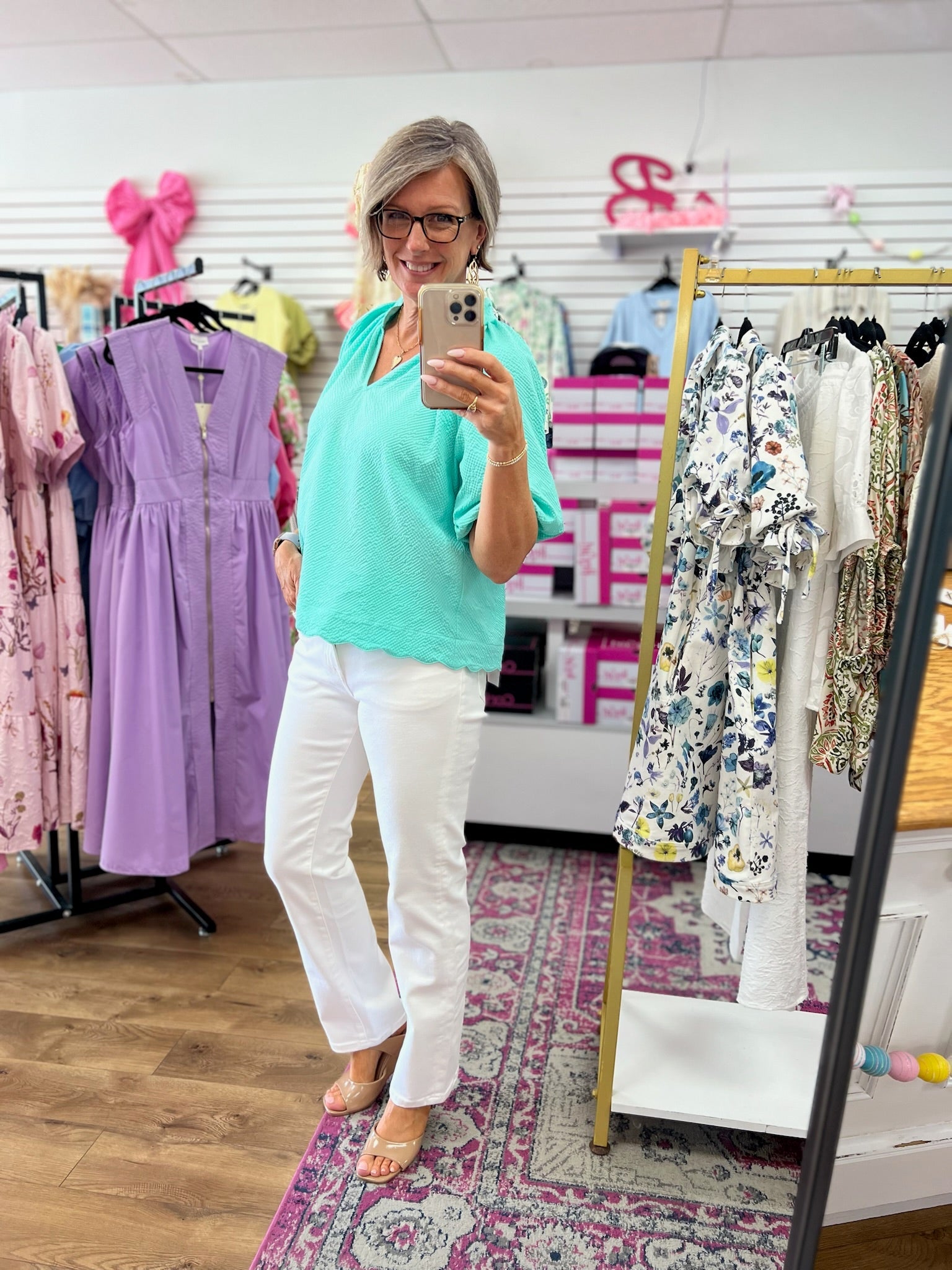 Mint Seersucker Top with Bubble Sleeves and Scalloped Hem - A'Bekah's Boutique
