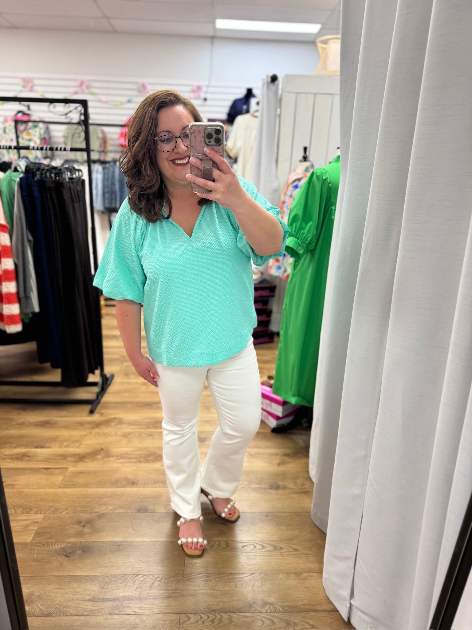Mint Seersucker Top with Bubble Sleeves and Scalloped Hem - A'Bekah's Boutique