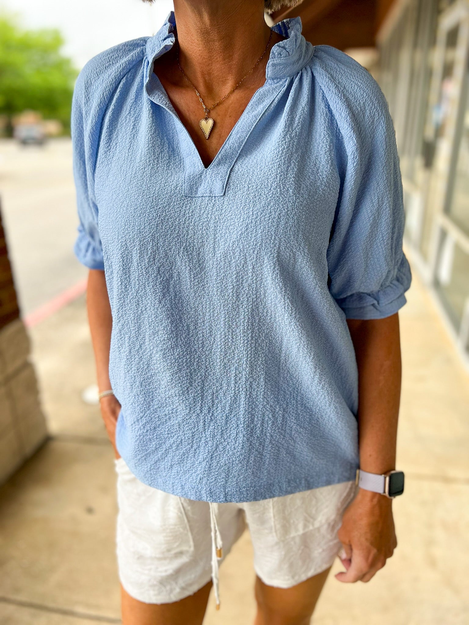 Misty Blue Seersucker V - Neck Top with Ruffled Bubble Sleeves - A'Bekah's Boutique