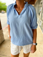 Misty Blue Seersucker V - Neck Top with Ruffled Bubble Sleeves - A'Bekah's Boutique