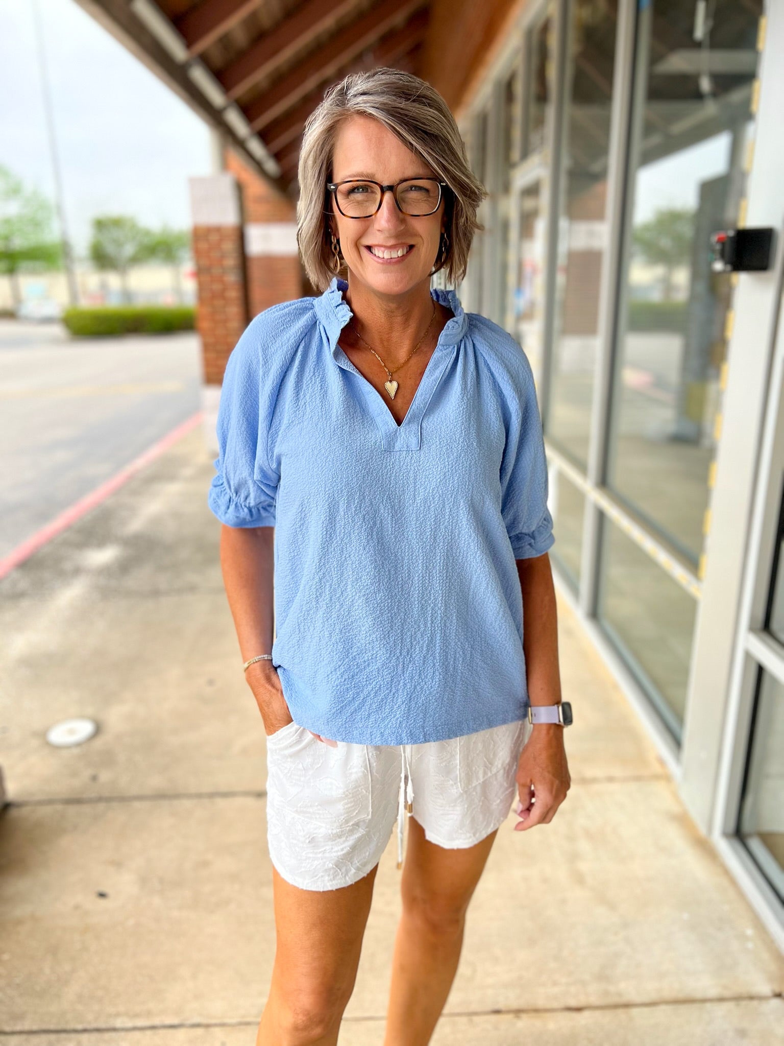 Misty Blue Seersucker V - Neck Top with Ruffled Bubble Sleeves - A'Bekah's Boutique