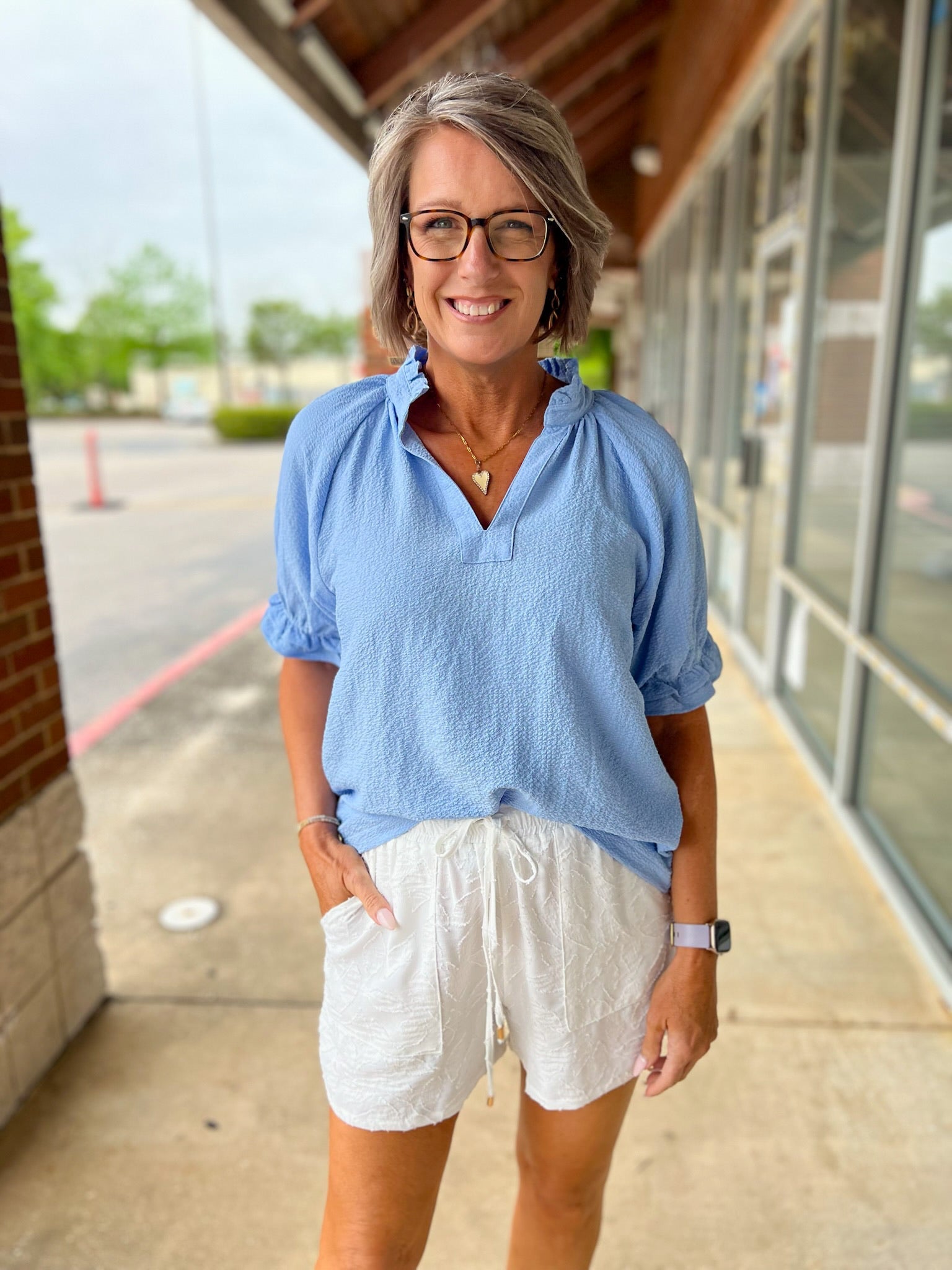 Misty Blue Seersucker V - Neck Top with Ruffled Bubble Sleeves - A'Bekah's Boutique