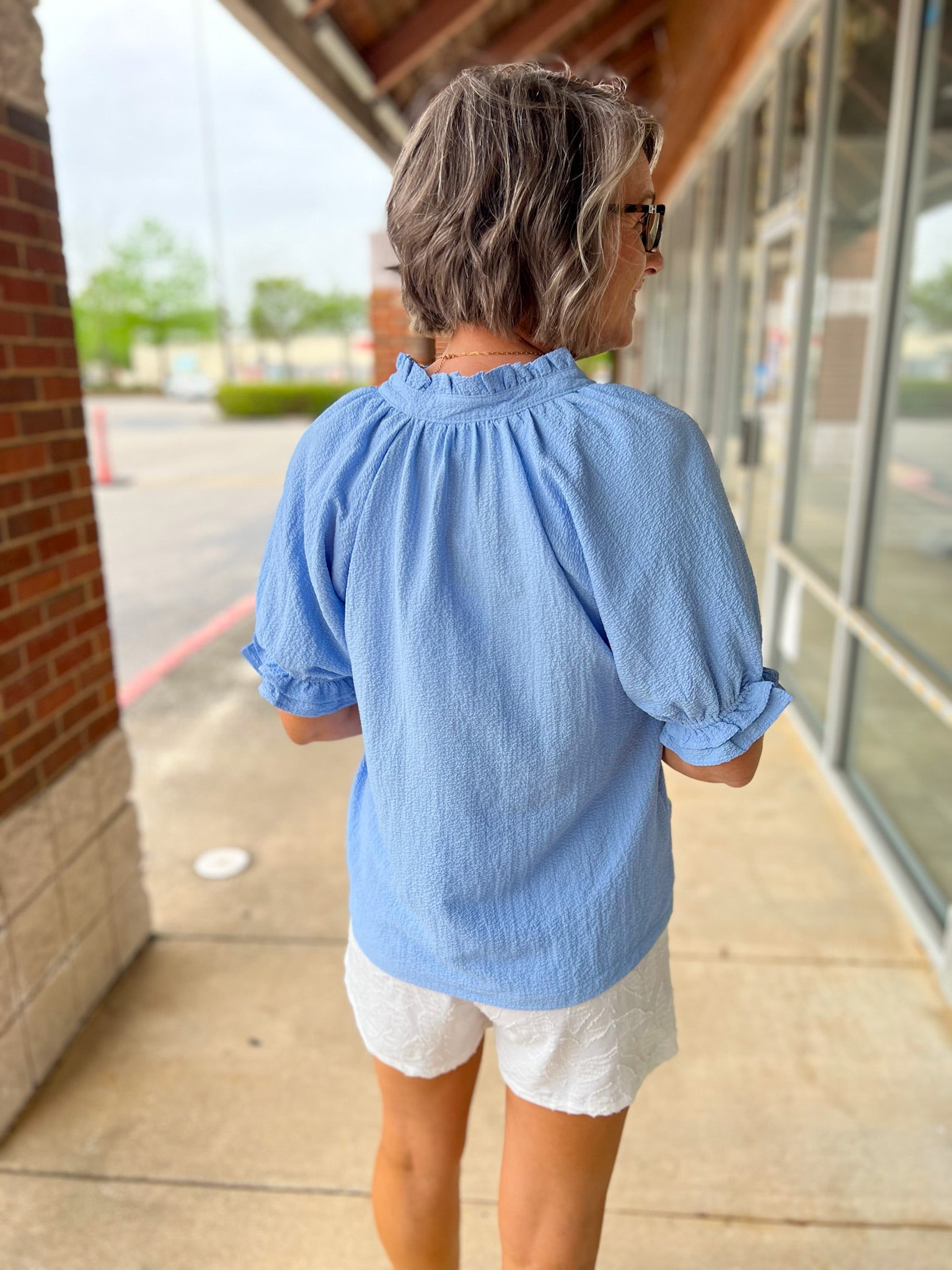 Misty Blue Seersucker V - Neck Top with Ruffled Bubble Sleeves - A'Bekah's Boutique